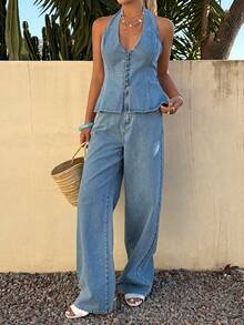 DAZY Bộ đồ denim nữ mùa hè, gồm áo hai dây cài khuy và quần dài. - Màu xanh lam - Xem 5