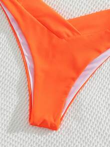 Swim Chiccia 女士夏季沙滩纯色吊带系带性感比基尼和三角泳裤套装 - 橘色 - 查看 3