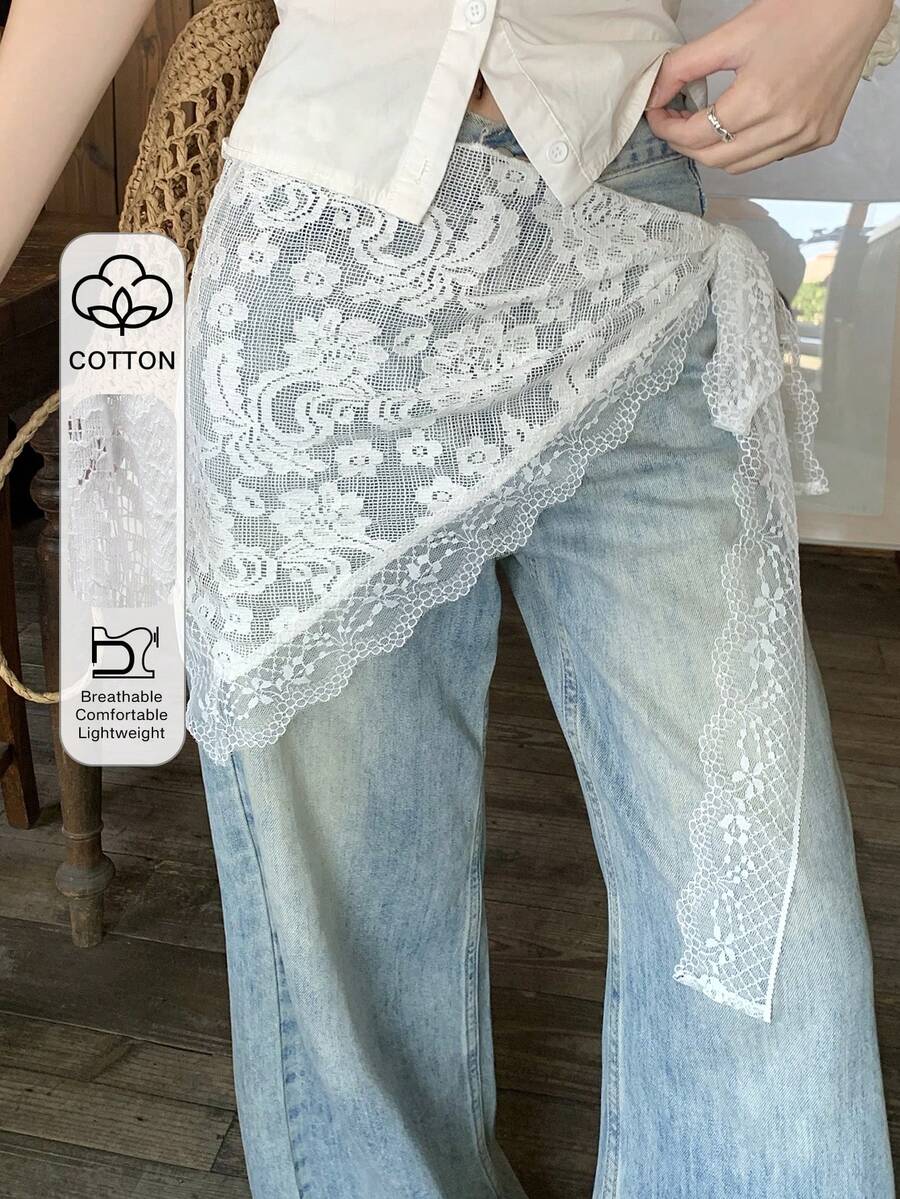 DAZY 女士花卉蕾丝侧结时尚半身裙 - 白色 - 查看 1