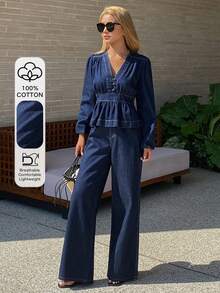 DAZY Women's V-Neck Top & Flare Jeans Set - Blue - View 1