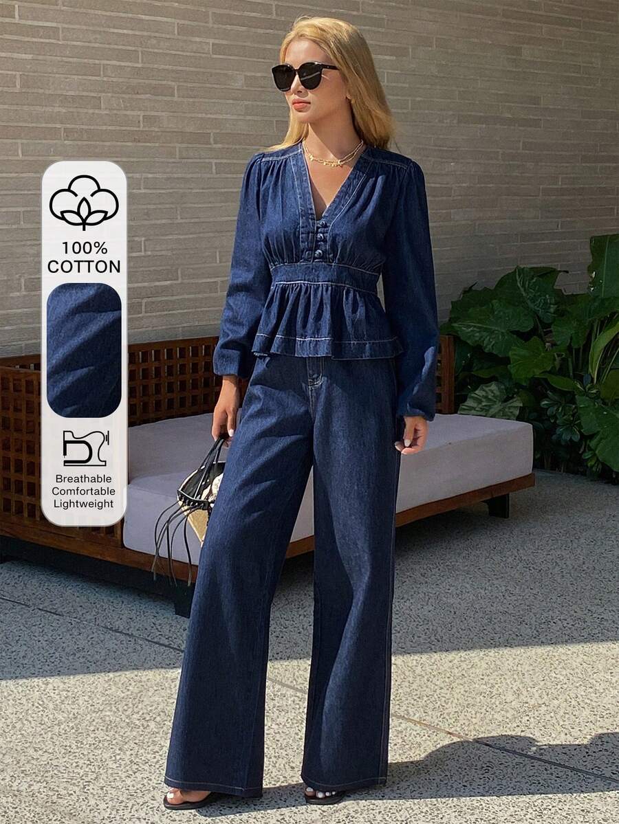 DAZY Women's V-Neck Top & Flare Jeans Set - Blue - View 1