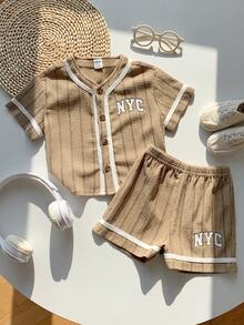 SHEIN Unisex Baby 2pcs/Set Casual Cute Khaki Baseball Jacket And Shorts Set, Spring/Summer Baby Boy Clothes, Outfit Set, Streetwear - Khaki - View 6