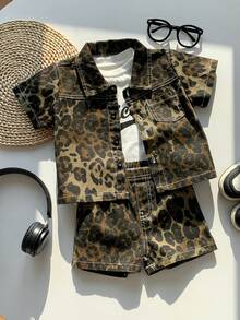 SHEIN 3pcs/Set Unisex Baby Boy/Girl Casual Leopard Print Denim Outfit, White T-Shirt, Knit Top, Leopard Denim Shirt Jacket And Shorts, Spring/Summer Baby Clothes, Streetwear Set - Brown - View 5