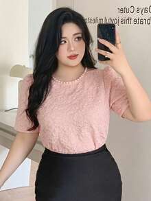 Dazy Plus Floral Print Puff Sleeve Short Sleeve Pullover Elegant Spring/Autumn T-Shirt, Party Wear For Plus Size Women - Baby Pink - View 2