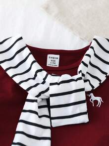 SHEIN Playful Pals 2件組男嬰酒紅色夏季休閒韓風短袖T恤配短褲，黑白條紋披肩，幼童套裝 - 酒紅色 - 查看 7
