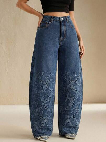 Anewsta Vaqueros acampanados de pierna ancha con bordado personalizado azul de primavera/verano para mujer, cintura alta, pierna suelta y efecto estilizante