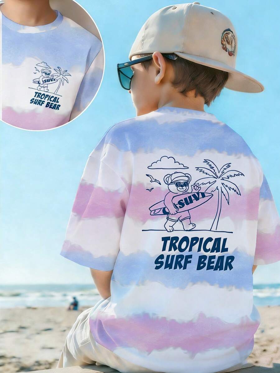 Tween Boy White And Blue Tie-Dye Short Sleeve T-Shirt,Summer Casual Vacation Holiday Skateboard Surfing Bear Coconut Tree Graphic Tee,Comfortable Tops - Multicolor - View 1