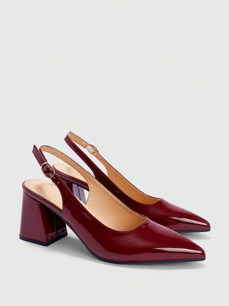 CUCCOO BIZCHIC Women Shoes Pointed Thick High Heel Burgundy Back Strap Women's High Heel Shoes Stylish Simple Sexy Elegant Daily Commuter Banquet Slingback Shoes Party Women's Shoes