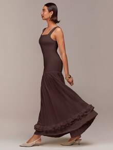 COSMINA Vestido de mujer sin mangas con cuello cuadrado, tela elástica de punto con diseño de patchwork, diseño plisado, detalle de volantes, vestido extra largo, adecuado para fiestas, reuniones, bodas, festival de primavera, San Valentín, citas, color albaricoque, vestido de verano, vestido de invitada de boda, vestido romántico - Marrón - Ver 2