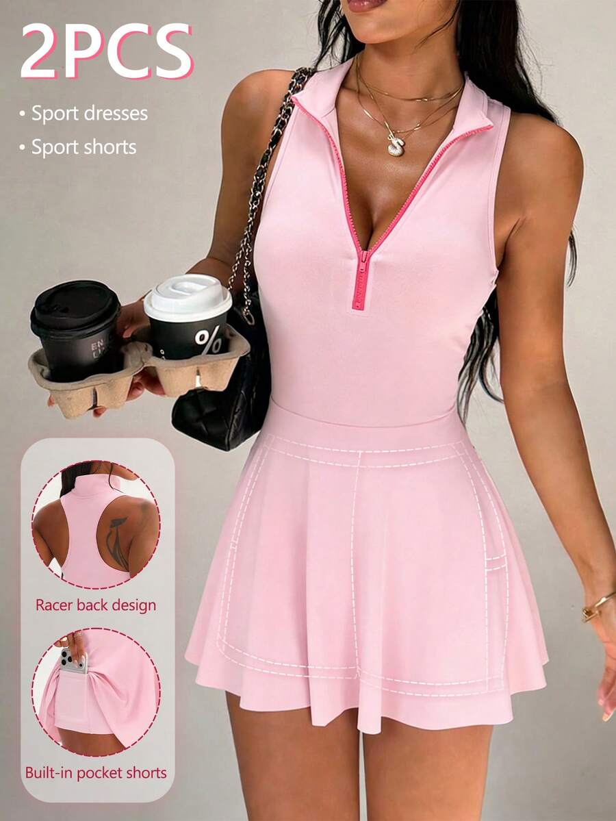 SHEIN Sovereign Charm Vestido deportivo sin mangas de color rosa macarrón para mujer, cuello recto, cuello medio abierto de color contrastante, shorts adjuntos con bolsillos, adecuado para uso casual diario, versátil y de moda, para correr, yoga, gimnasio, tenis, golf - Rosa - Ver 1