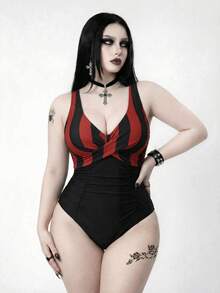 ROMWE Goth New Summer Beach Vacation Punk Striped Retro Patchwork Plus Size One-Piece Swimsuit - Black - View 3