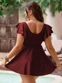 Swim Lushoire Bộ bikini cỡ lớn 2 mảnh màu đen cổ vuông tay bèo nhún gồm áo crop top và chân váy, đồ bơi gợi cảm thường ngày cho tiệc bể bơi. - Màu Đỏ Sâu - Xem 2