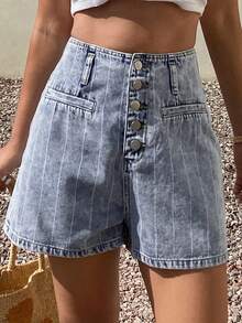 Livesso Shorts di jeans casual con tasche e decorazioni a righe blu, adatti per la spiaggia e le vacanze estive - Blu - Visualizzare 4