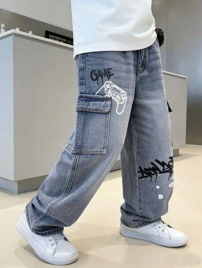 Coolqubz Quần cargo nam Denimly phong cách thường ngày, năng động, cá tính, in hình graffiti, cạp chun, túi khóa kéo.