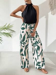 女士纯色树叶印花围巾上衣搭配松紧腰阔腿裤两件套，春夏款 - 墨綠色 - 查看 5