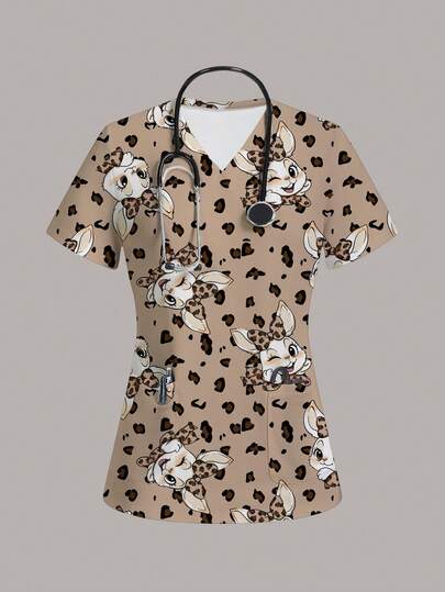 TaskEZ Women's Rabbit Leopard Print Bow Decor Casual Daily Uniform Short Sleeve Top