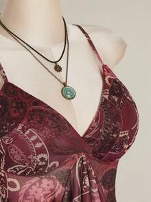 SHEIN ICON Plus Size Women Paisley Print Blue Green Ruffle Trim Camisole Top - Burgundy - View 10