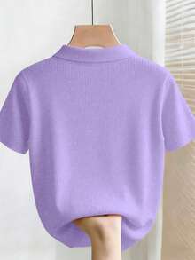 SHEIN Franclia 新款夏季休闲宽松百搭简约优雅柔软Polo衫，适合办公室、工作、通勤等场合，金属纽扣设计，修身剪裁，款式简洁大方，男女皆宜，极简女式开衫 - 淡紫色 - 查看 2