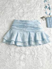 Elamini Women's Sweet Summer Embroidered Tiered Asymmetrical Design Ruffle Hem Skirt, Vacation Style Blue Mini Skirt, Suitable For Valentine's Day, Dates, Beach, Parties, Music Festivals - Blue - View 3