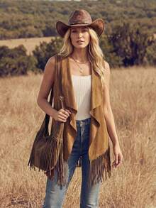 Wildy 波西米亚风女士常规款仿麂皮无袖外套，配有波浪形翻领和流苏下摆，适合秋冬季穿着。 - 棕色 - 查看 7