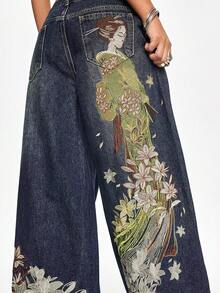 ROMWE Grunge Punk Celana Jeans Vintage Jepang Motif Geisha Bunga Bordir Pinggang Rendah Kaki Lebar - Biru - View 5
