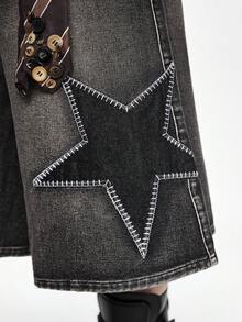 ROMWE Grunge Punk Street Fashion Tie Knot Embroidered Design Low Waist Loose Wide Leg Denim Capri Pants - Grey - View 2