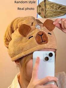 1个可爱卡通水豚毛绒干发帽，吸水性好，速干珊瑚绒浴帽，女士卡哇伊发巾，家居浴室装饰，夏季回归 - 彩色 - 查看 16