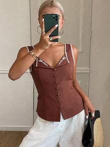 Livesso 女款春夏花卉刺繡蕾絲拼接休閒度假波希米亞風棕色短版背心外出上衣 - 紅木色 - 查看 6