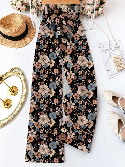 SHEIN LUNE Pantalones largos con estampado floral y lazo en la cintura, adecuados para primavera y verano