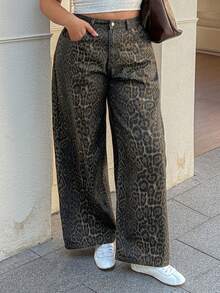 Dazy Plus Plus Size Women Leopard Print Pocket Button Washed Casual Versatile Wide Leg Jeans - Khaki - View 5