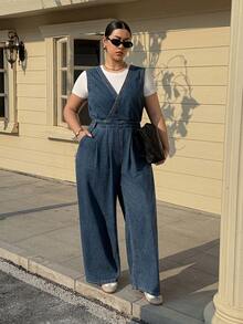 Dazy Plus Plus Size Women Vintage Washed Denim Deep V-Neck Sleeveless Jumpsuit, Spring/Autumn - Dark Wash - View 7