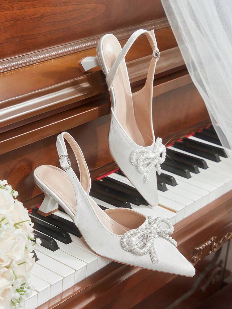 CUCCOO HITCHD Women Shoes Classic Simple Fashion High Heels Pointed Toe Thin Heels Slingback Shoes, Pearl Bow Decorative Kitten Heel Women's Shoes, Workplace Light Party Elegant Temperament High Heels Summer Shoes Wedding Shoes Bride Shoes