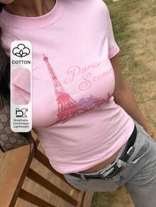 DAZY 女士圆领棉质印花修身粉色T恤，夏季图案T恤 - 粉色 - 查看 1