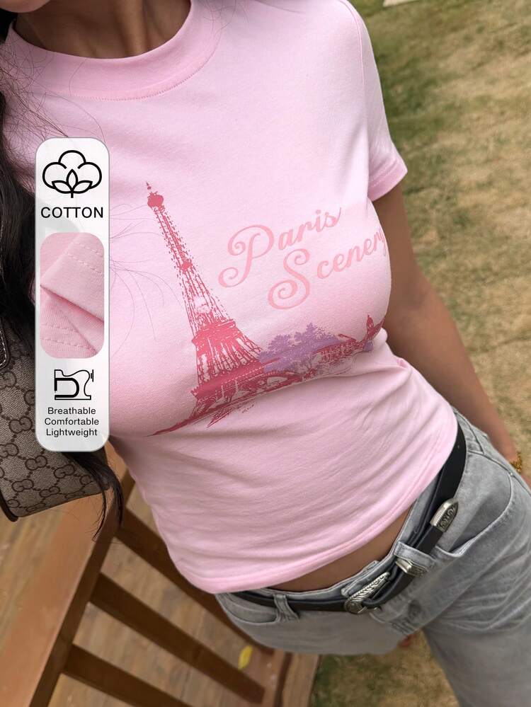 Women's Round Neck Cotton Printed Fitted Pink T-Shirt, Summer Graphic Tees Women