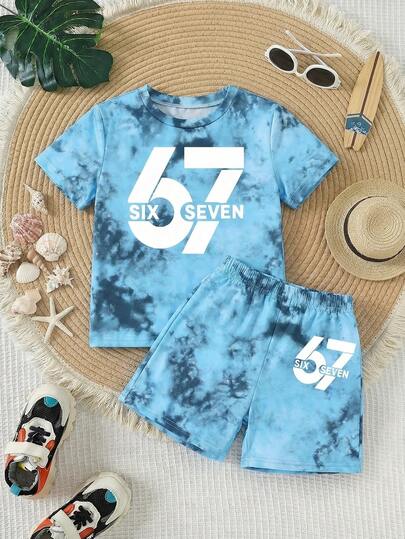 男童夏季休闲扎染数字印花T恤和短裤套装