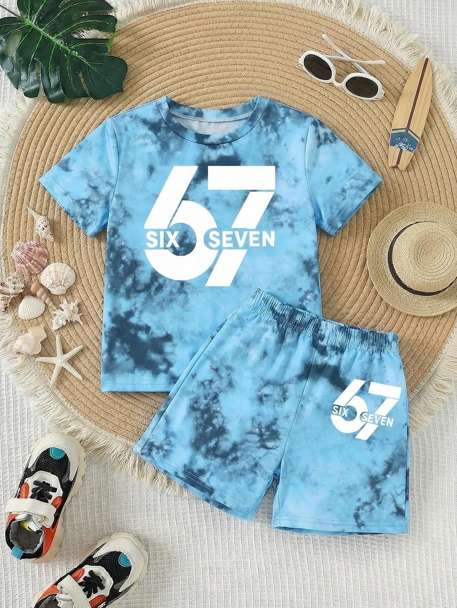男童夏季休闲扎染数字印花T恤和短裤套装 - 彩色 - 查看 1