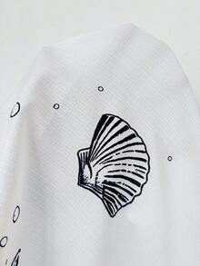SHEIN LUNE Conjunto de camisa e shorts confortáveis e casuais para férias na praia, tamanho plus size. - Azul e branco - Ver 5
