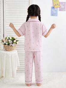 Souflis Souflis 2件組少女淡粉色仙女家庭套裝睡衣，可愛條紋蝴蝶結裝飾泡泡皺褶布料短袖開襟衫與長褲套裝 - 彩色 - 查看 2