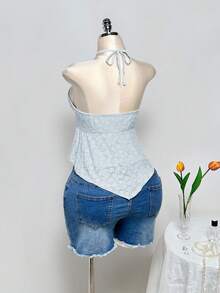 SHEIN ICON Plus Size Criss-Cross Halter Backless Jacquard Yellow Crop Top, Suitable For Summer, Vacation, Y2K - Baby Blue - View 9