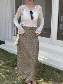 DAZY Falda vaquera casual de cintura regular, suelta y recta con estampado para uso diario - Marrón - Ver 2