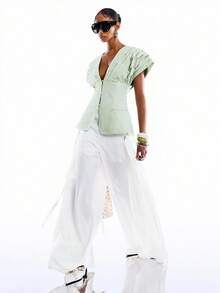 LYSMO 2026 New Arrive Minimalism Spring/Summer Women's Pleated Waist Cap Sleeve Blouse - Mint Green - View 7