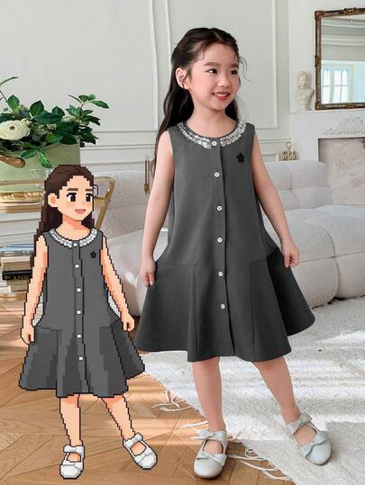 DAZY Young Girl Floral Print Sequin Decor Round Neck Casual Vacation Everyday Dress