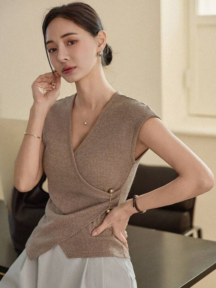 Women's Solid Color V-Neck Cap Sleeve Ruched Asymmetric Hem Casual T-Shirt Summer