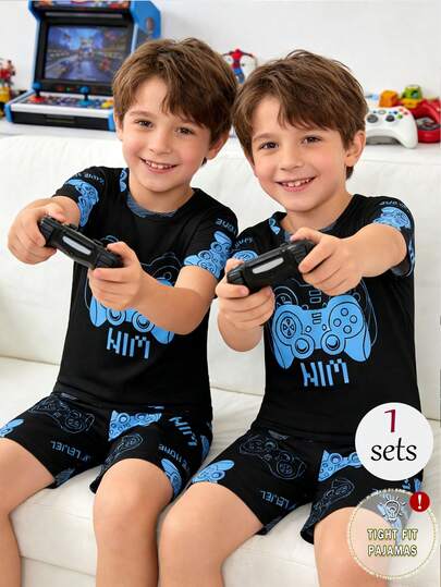 1set Young BoySpring/Summer Dinosaur Print Snug Fit Short Sleeve Pajama Set, Includes Round Neck Top And Shorts