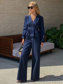 DAZY Women's V-Neck Top & Flare Jeans Set - Blue - View 7