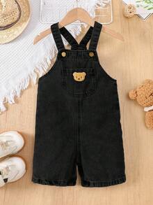 SHEIN Young Boy Cartoon Pattern Casual Versatile Daily Wear Denim Bib Shorts - Black - View 2