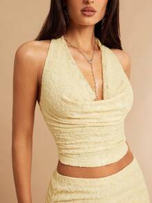 Silquee 女士优雅纯色蕾丝深V领露背吊带上衣，夏季 - 淡黃色 - 查看 10