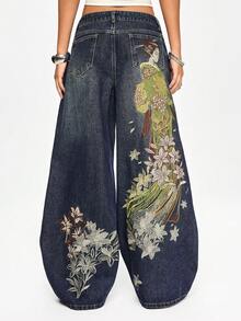 ROMWE Grunge Punk Celana Jeans Vintage Jepang Motif Geisha Bunga Bordir Pinggang Rendah Kaki Lebar - Biru - View 3