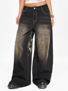 ROMWE Grunge Punk Vintage Punk Distressed Tiger Embroidery Print Baggy Super Loose Fit Jeans - Multicolor - View 7