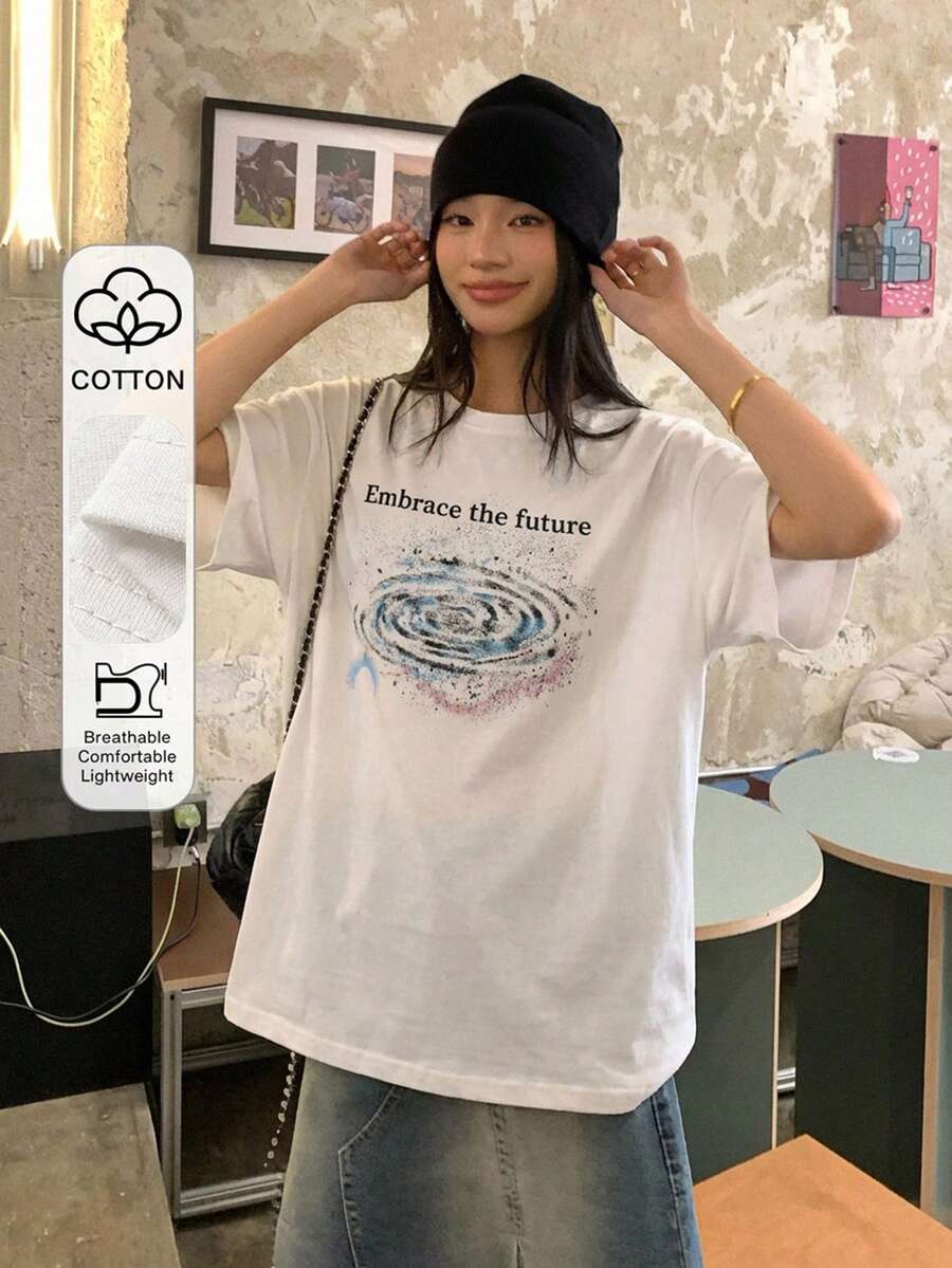 DAZY 女士圆领韩版印花短袖T恤，夏季 - 白色 - 查看 1